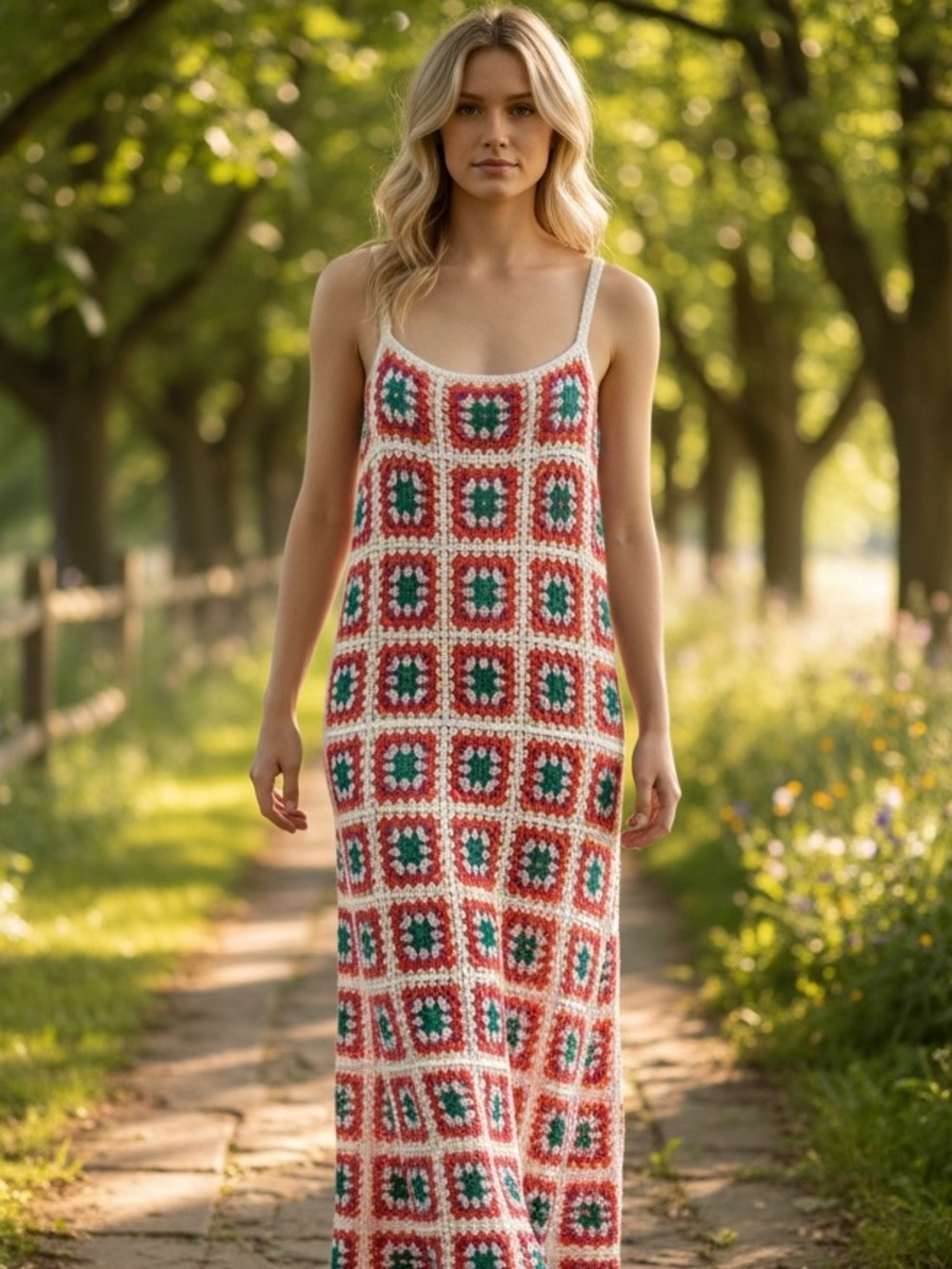 India Boutique Multicolor Crochet Dress with Cream Trim P001 - Picture 1 of 4